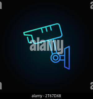 CCTV camera vector blue icon or symbol in thin line style on dark background Stock Vector