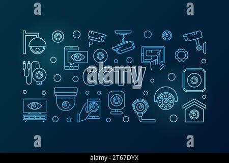 CCTV blue horizontal illustration. Vector closed-circuit television concept banner in linear style on dark background Stock Vector