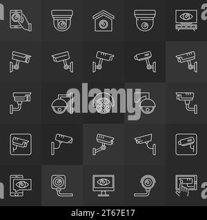 CCTV camera minimal icons. Vector security surveillance video camera outline signs on dark background Stock Vector