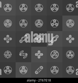 Vector hand spinner icons. Fidget spinner linear outline signs or design elements on dark background Stock Vector