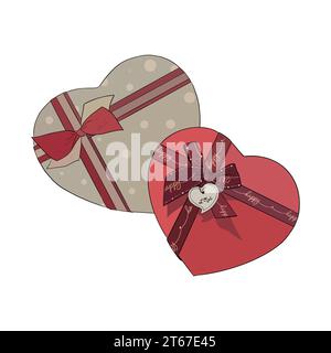 Vector illustration set of two heart boxes red and dotted beige with bows. Luxery Image for postcard or sweets or gift box for Mothers day Stock Vector