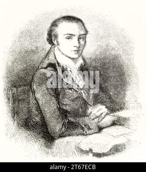 Old engraved portrait of André Marie Chénier (1762 – 1794), French poet. By Johannot, publ. on Magasin Pittoresque, Paris, 1851 Stock Photo