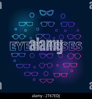 Eyeglasses round colorful outline illustration. Vector circular concept symbol made with eyeglasses and spectacles icons on dark background Stock Vector