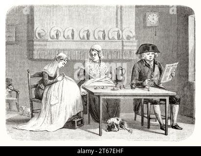 Old illustration of a Dutch family. By unidentified author, publ. on Magasin Pittoresque, Paris, 1851 Stock Photo