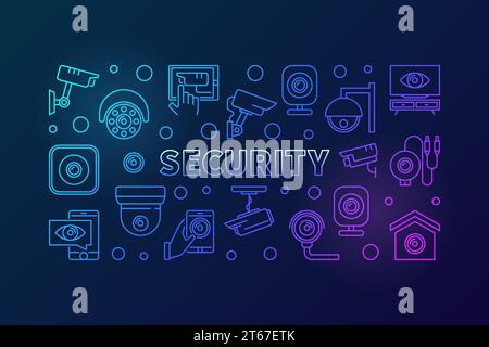 Video security vector colored creative horizontal banner or illustration made with line CCTV icons on dark background Stock Vector