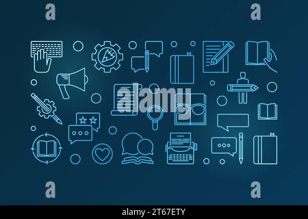 Content Strategy vector blue horizontal illustration made with outline icons on dark background Stock Vector