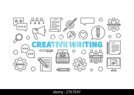 Creative writing vector horizontal banner made with outline icons on white background Stock Vector