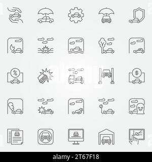 Car insurance icons set - vector auto insurance outline concept symbols. Different car accidents signs in thin line style Stock Vector