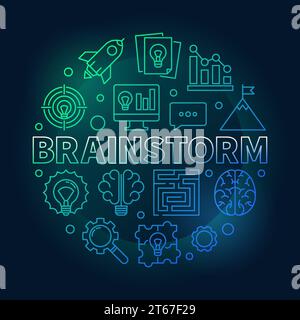 Brainstorm round colored outline illustration. Vector Brainstorming concept symbol in thin line style on dark background Stock Vector