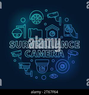 Surveillance camera blue circular illustration - vector CCTV security round outline symbol on dark background Stock Vector