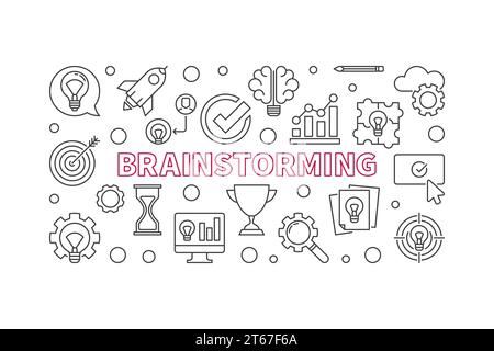 Brainstorming creative vector outline horizontal illustration. Brainstorm concept banner Stock Vector