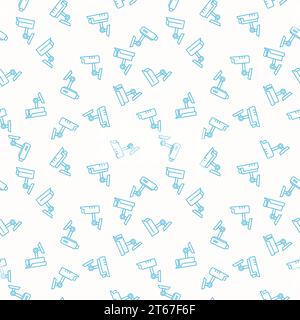 Video surveillance vector blue seamless pattern made with CCTV outline icons on white background Stock Vector
