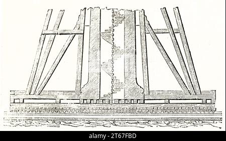 Old schematic illustration of Sunderland lighthouse and lifting scaffold base. By unidentified author, publ. on Magasin Pittoresque, Paris, 1851 Stock Photo