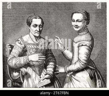 Old illustration depicting old lady teaching to read to a girl. By Hadamard after 16th century print, publ. on Magasin Pittoresque, Paris, 1851 Stock Photo