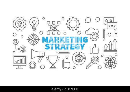 Marketing Strategy vector minimal horizontal illustration or banner in thin line style Stock Vector