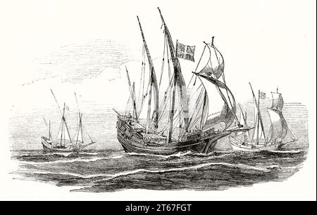 Old vessels illustrations: 15th century Christopher Columbus' ships . By Morel-Fatio,  publ. on Magasin Pittoresque, Paris, 1851 Stock Photo