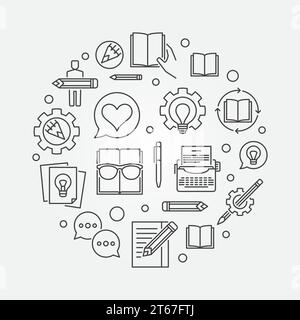 Creative writing vector round concept illustration made with outline icons Stock Vector
