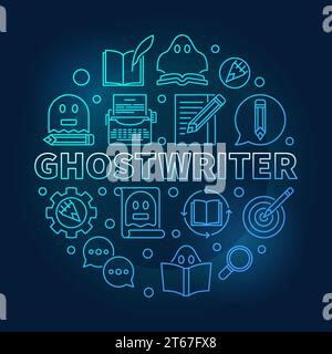 Ghostwriter blue vector round illustration made with ghostwriting thin line icons on dark background Stock Vector