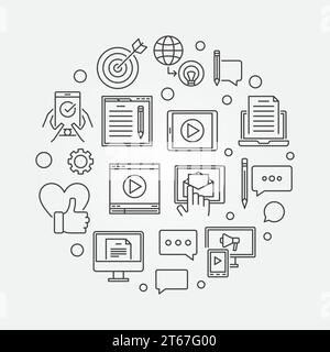 Digital Content round vector illustration in thin line style Stock Vector
