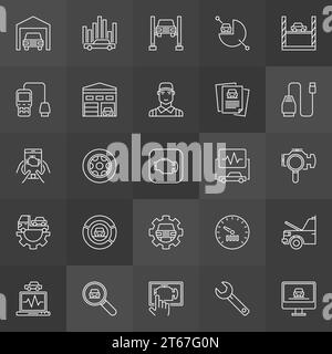 Vehicle diagnostics icons. Vector collection of check engine light diagnostics outline concept signs on dark background Stock Vector