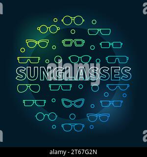 Sunglasses round colored illustration - vector concept symbol made with glasses and spectacles icons in thin line style on dark background Stock Vector