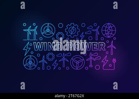 Wind power vector banner. Colorful energy concept illustration made with wind turbines outline icons Stock Vector
