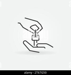 Hands with car key icon. Vector buying a car concept symbol or design element in thin line style Stock Vector