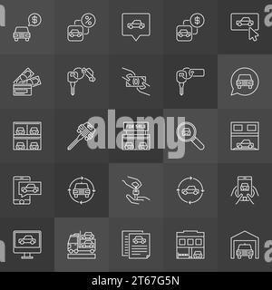 Car dealership icon. Vector collection of buying and selling a vehicle outline signs on dark background Stock Vector