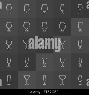 Wine glass linear icons set. Bar glassware concept signs on dark background Stock Vector