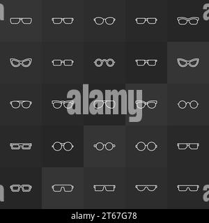 Sunglasses and glasses outline icons. Vector spectacles linear signs or logo elements on dark background Stock Vector