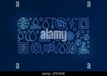 Blue hydropower linear illustration - vector colorful hydroelectric concept banner in thin line style on dark background Stock Vector