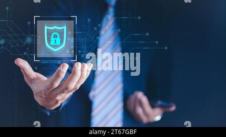 Cybersecurity and privacy concepts to protect data. Lock icon and internet network security technology. Businessman protecting personal data on smartp Stock Photo