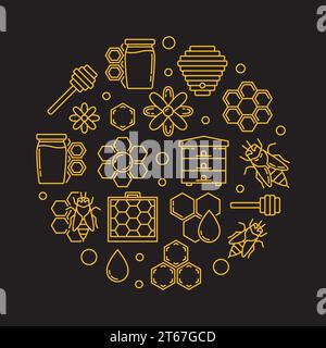 Apiary and beekeeping round vector illustration in thin line style on dark background Stock Vector