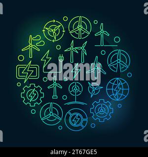 Round colorful illustration made with wind turbine icons. Vector eco wind energy round symbol in thin line style on dark background Stock Vector