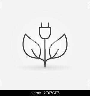 Green energy concept icon - vector leaves with plug sign or design element in thin line style Stock Vector