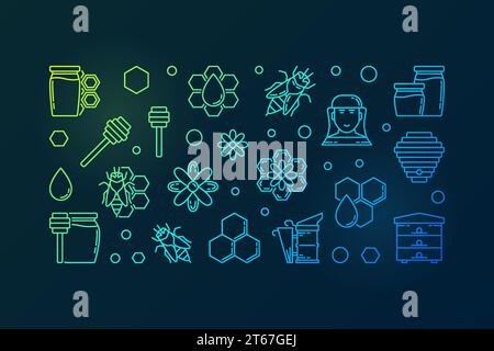 Beekeeping vector outline colored horizontal illustration. Honey and beekeeping concept banner in outline style on dark background Stock Vector