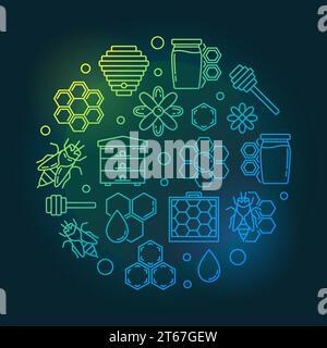Apiary and beekeeping round vector colored illustration in thin line style on dark background Stock Vector