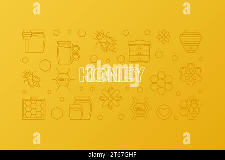 Honey yellow outline banner. Vector horizontal illustration made of word Honey and Beekeeping linear icons Stock Vector