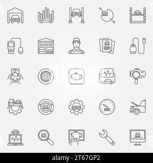 Car diagnostics icons set - vector automotive diagnostics concept signs. Car service symbols in thin line style Stock Vector