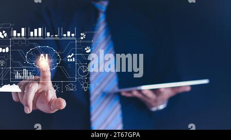 Ai tech, businessman show virtual graphic Global Internet connect Chat with AI, Artificial Intelligence. using command prompt for generates something, Stock Photo