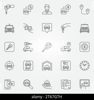 Rent a car icons set. Vector car rental concept signs or design elements in thin line style Stock Vector