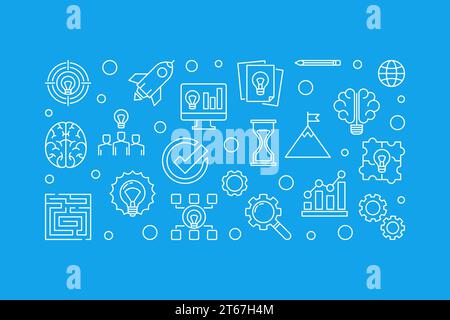 Brainstorm outline horizontal illustration. Vector Brainstorming concept banner in thin line style on blue background Stock Vector