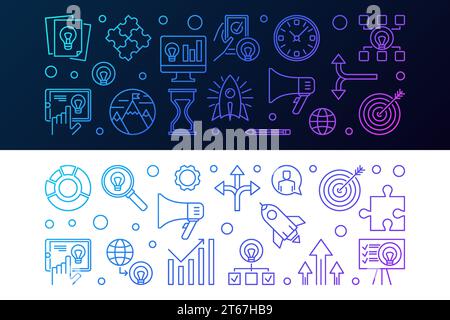 Set of 2 startup colored horizontal banners in thin line style - vector illustration on dark background Stock Vector