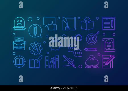Ghostwriter creative horizontal outline illustration. Vector banner made with ghostwriting linear icons on dark background Stock Vector