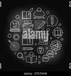 Ghostwriter vector round creative bright illustration made with ghostwriting thin line icons on dark background Stock Vector
