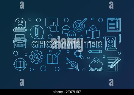 Ghostwriter vector blue horizontal banner or illustration made with ghostwriting outline icons on dark background Stock Vector