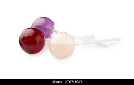 Three tasty colorful lollipops isolated on white Stock Photo