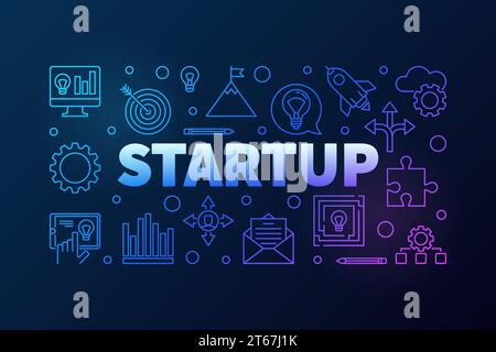 Startup horizontal vector modern colored illustration or banner made of thin line icons on dark background Stock Vector