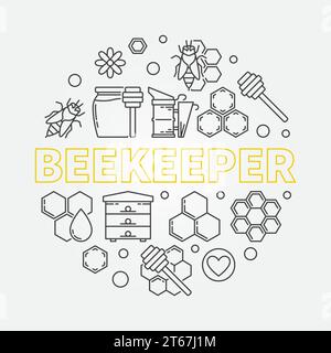 Beekeeper vector round illustration in thin line style Stock Vector
