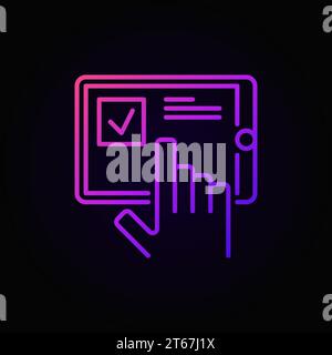 Hand with tablet colored icon - vector online survey concept symbol in outline style on dark background Stock Vector
